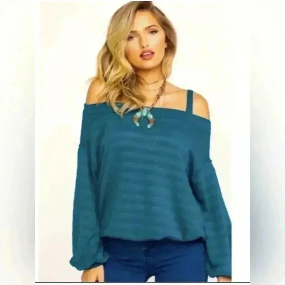 Free People Sistine Hacci Cold Shoulder Top Sweater M Teal Treasure MSRP $68 NWT